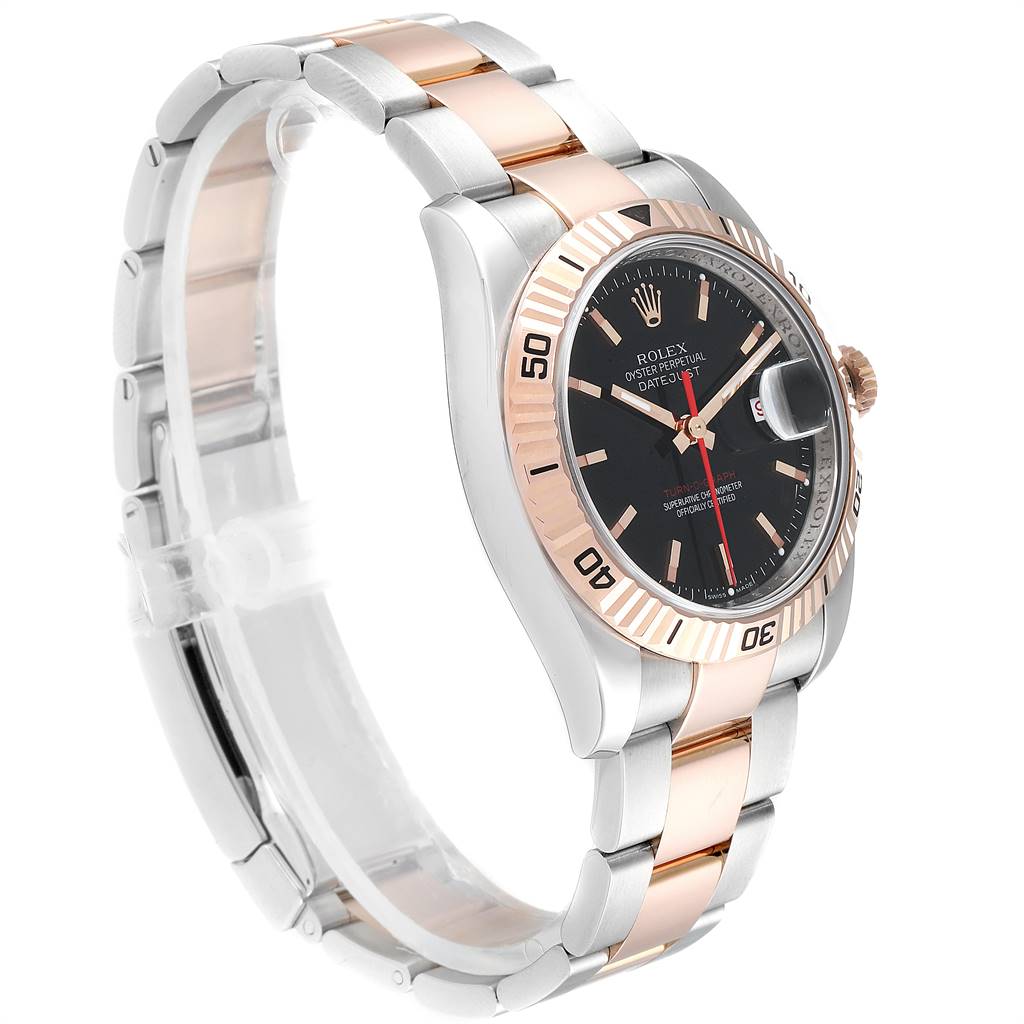 The Rolex Turn-o-Graph 116261 Men
s Stainless Steel Black Dial 116261 Men
s Stainless Steel Black Dial watch is shown at a three-quarter angle, highlighting its two-tone bracelet, black dial, and fluted bezel.