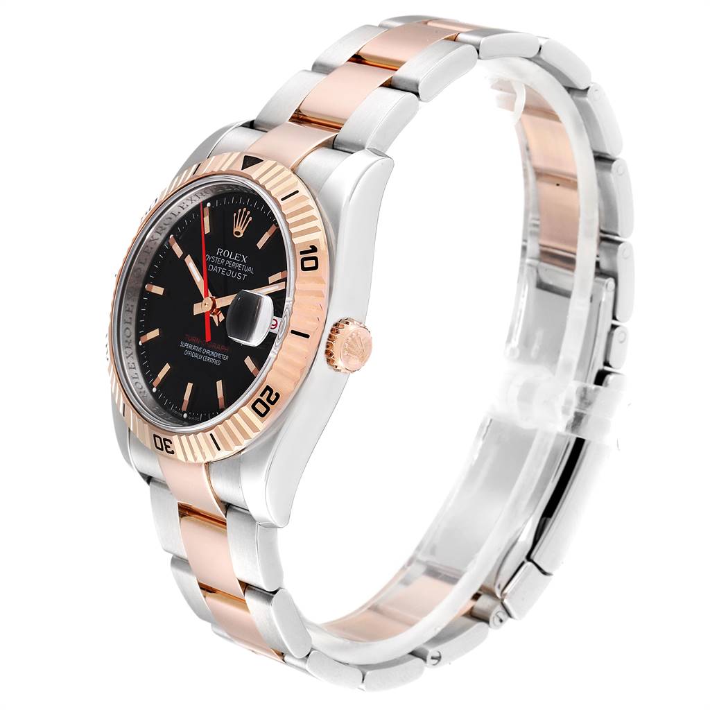 The image shows a Rolex Turn-o-Graph 116261 Men
s Stainless Steel Black Dial 116261 Men
s Stainless Steel Black Dial watch angled to display the dial, crown, and part of the bracelet.