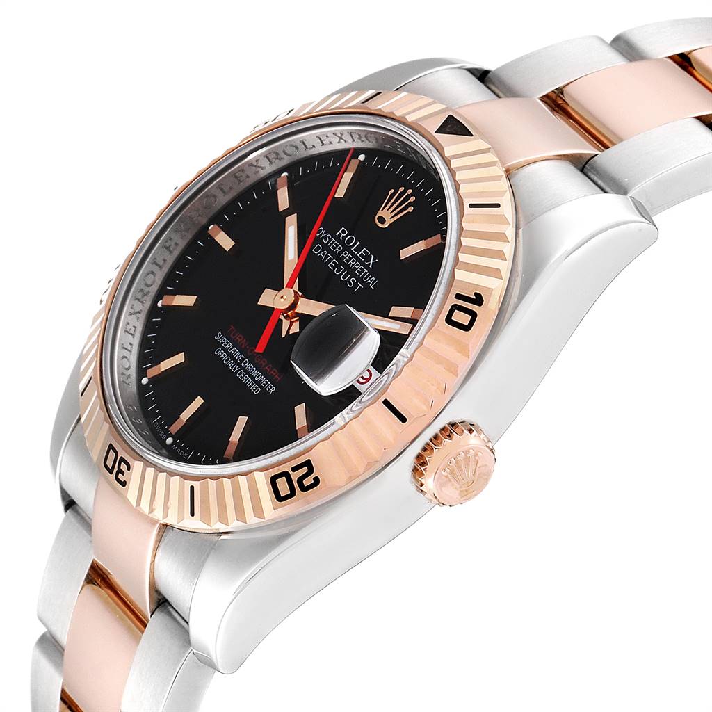 The image shows a side angle of the Rolex Turn-o-Graph 116261 Men
s Stainless Steel Black Dial 116261 Men
s Stainless Steel Black Dial watch, highlighting the bezel, crown, and partially the dial and bracelet.