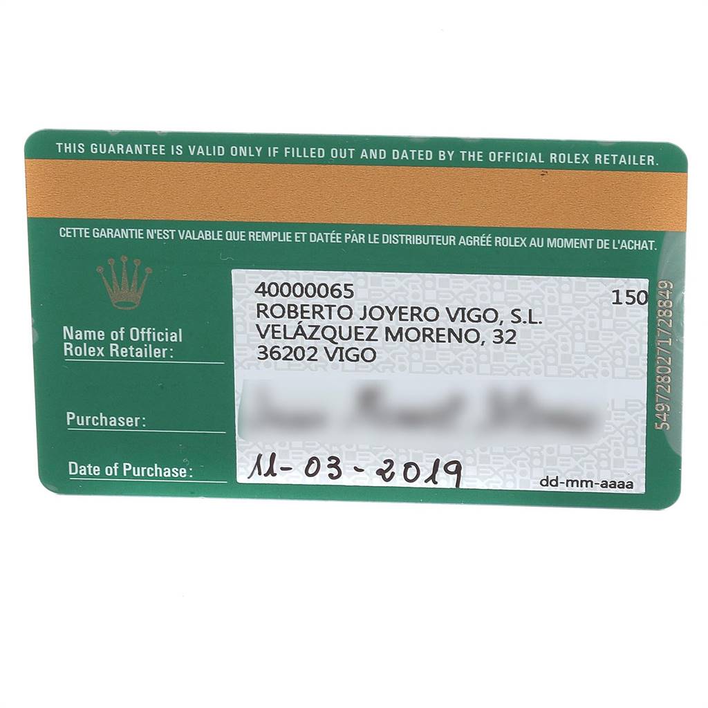 The image shows a guarantee card for the Rolex Turn-o-Graph 116263 Men
s Steel and Gold (two tone) Grey Dial 116263 Men
s Steel and Gold (two tone) Grey Dial model, including retailer information and a purchase date.