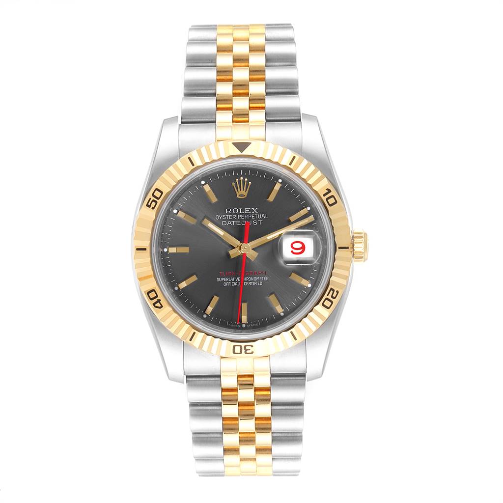 The image shows a Rolex Turn-o-Graph 116263 Men
s Steel and Gold (two tone) Grey Dial 116263 Men
s Steel and Gold (two tone) Grey Dial watch from a front angle, highlighting the dial, bezel, and two-tone bracelet.