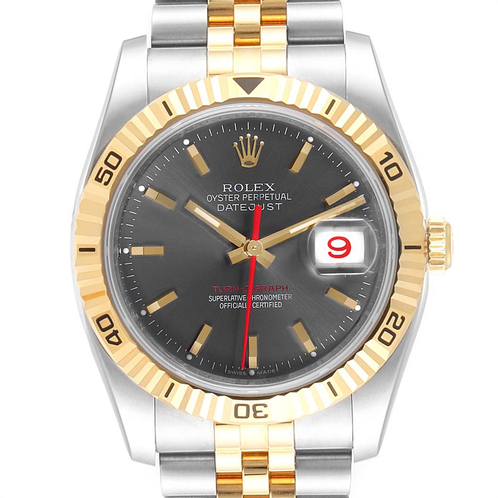 The image shows a front view of the Rolex Turn-o-Graph 116263 Men
s Steel and Gold (two tone) Grey Dial 116263 Men
s Steel and Gold (two tone) Grey Dial watch, featuring its face, bezel, and part of the bracelet.