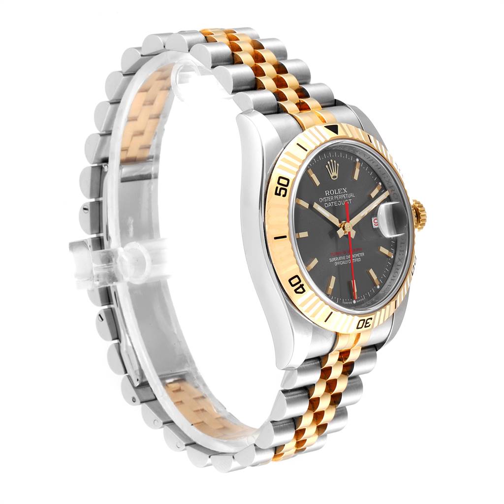 This Rolex Turn-o-Graph 116263 Men
s Steel and Gold (two tone) Grey Dial 116263 Men
s Steel and Gold (two tone) Grey Dial model is shown from a side-angle, displaying its bezel, dial, and two-tone bracelet.