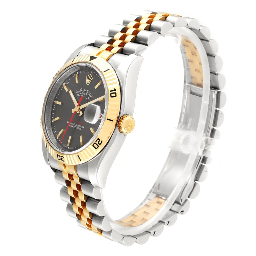 The image shows a side-angle view of a Rolex Turn-o-Graph 116263 Men
s Steel and Gold (two tone) Grey Dial 116263 Men
s Steel and Gold (two tone) Grey Dial watch, highlighting the dial, bezel, crown, and two-tone bracelet.
