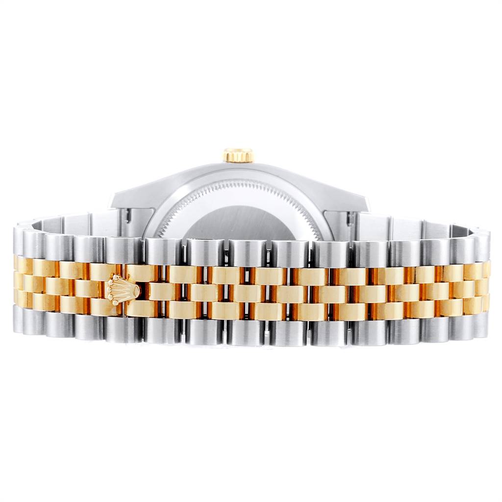 The image shows the back view of a Rolex Turn-o-Graph 116263 Men
s Steel and Gold (two tone) Grey Dial 116263 Men
s Steel and Gold (two tone) Grey Dial watch featuring a two-tone jubilee bracelet.