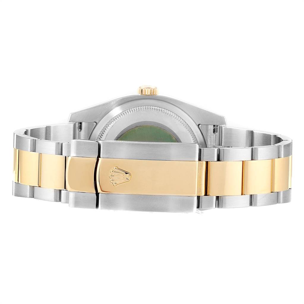 The image shows the back of a Rolex Turn-o-Graph 116263 Men
s Stainless Steel White Dial 116263 Men
s Stainless Steel White Dial watch, highlighting its two-tone bracelet and clasp.