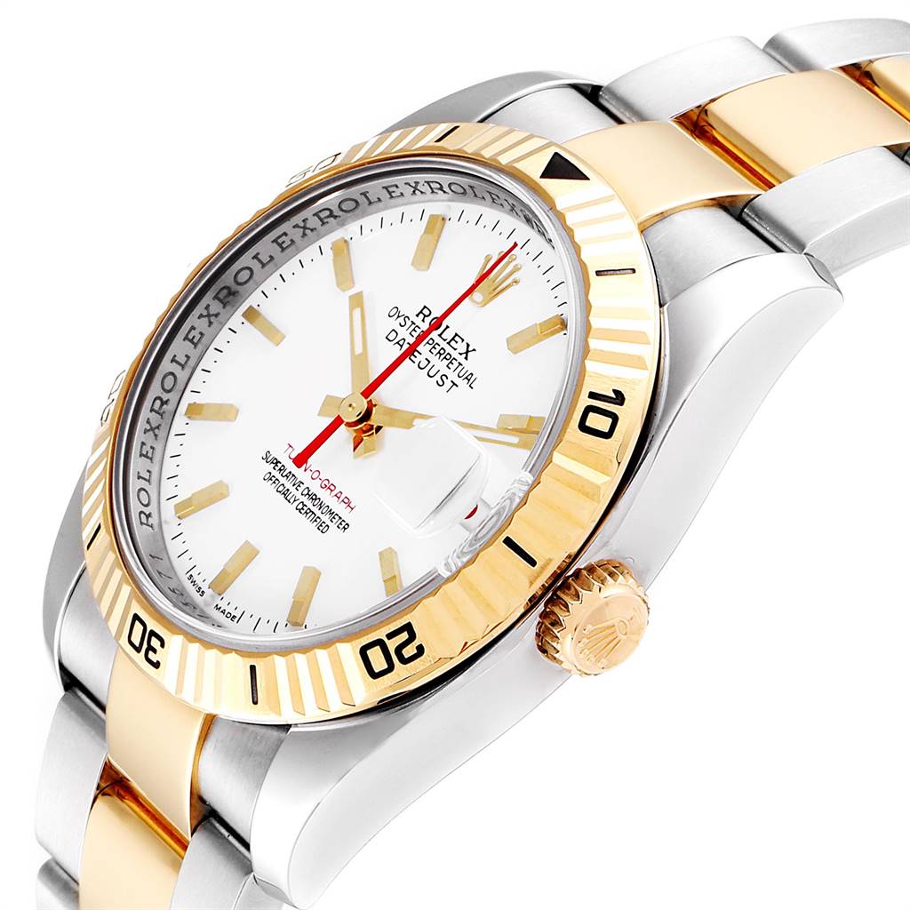 This image shows the side and partial top view of the Rolex Turn-o-Graph 116263 Men
s Stainless Steel White Dial 116263 Men
s Stainless Steel White Dial model, highlighting its bezel, dial, and bracelet.