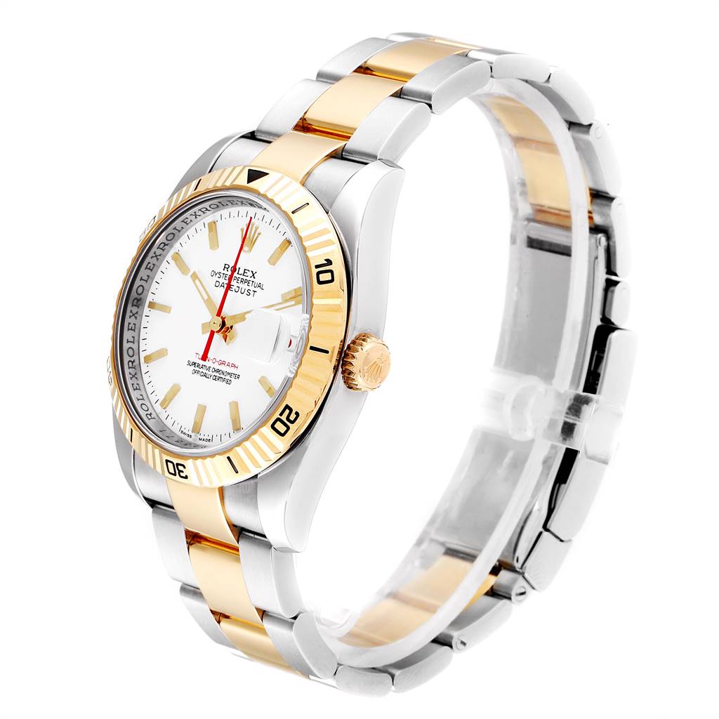The image shows a Rolex Turn-o-Graph 116263 Men
s Stainless Steel White Dial 116263 Men
s Stainless Steel White Dial watch at a three-quarter angle, highlighting its bezel, crown, dial, and bracelet.