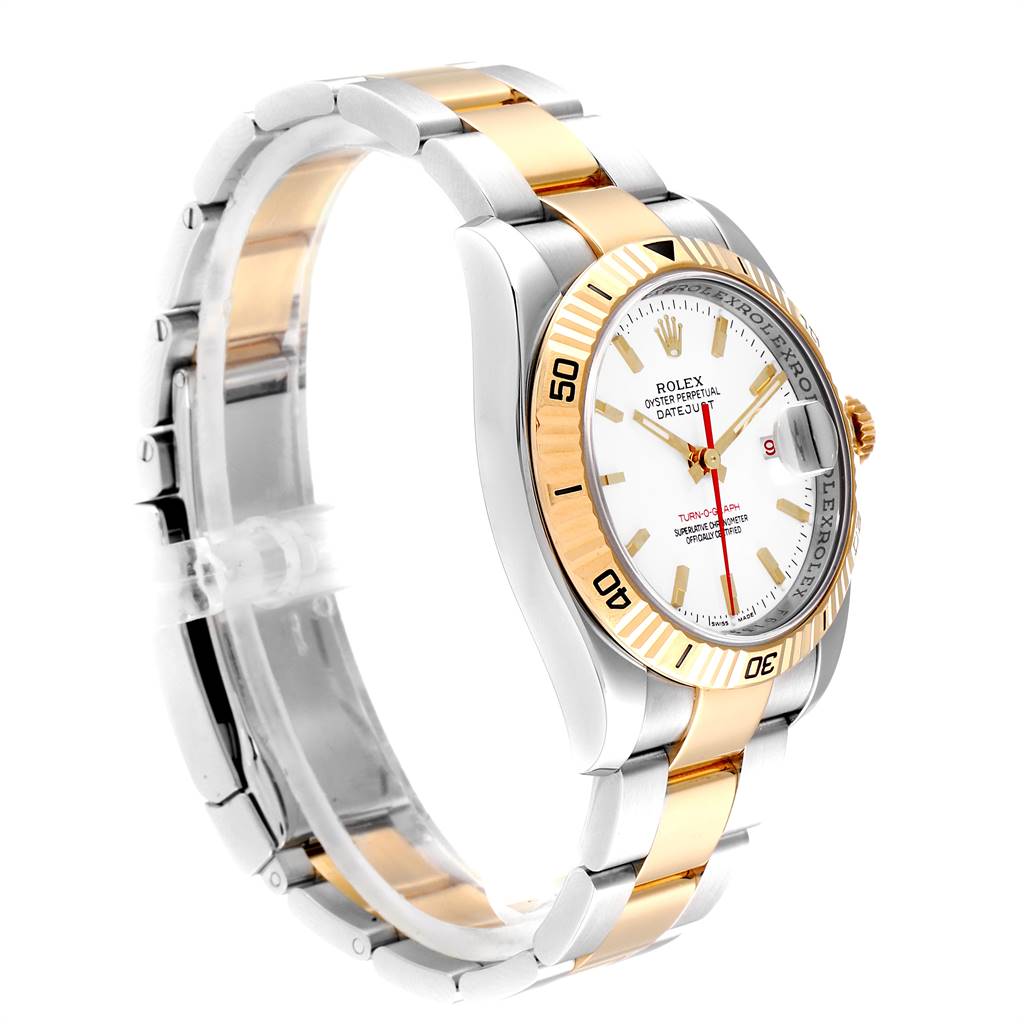 This is a side view of a Rolex Turn-o-Graph 116263 Men
s Stainless Steel White Dial 116263 Men
s Stainless Steel White Dial watch, showing the bracelet, case, and face with a focus on the bezel and dial.