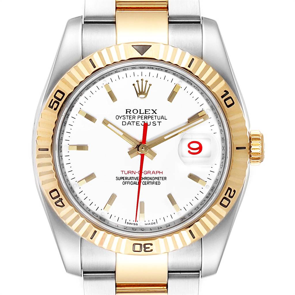 The Rolex Turn-o-Graph 116263 Men
s Stainless Steel White Dial 116263 Men
s Stainless Steel White Dial watch is shown from a front angle, showcasing its face, bezel, and part of the bracelet.