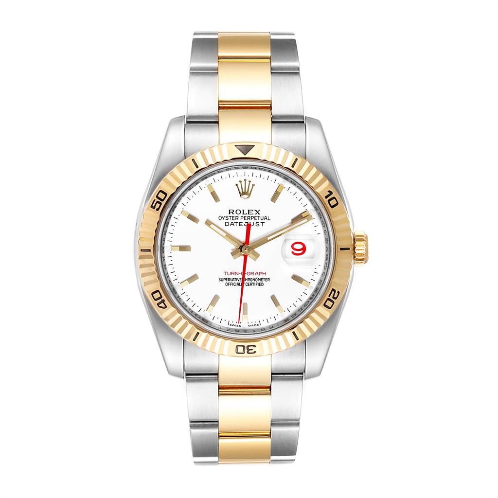 The Rolex Turn-o-Graph 116263 Men
s Stainless Steel White Dial 116263 Men
s Stainless Steel White Dial watch is shown from the front, displaying its face, bezel, and two-tone bracelet.
