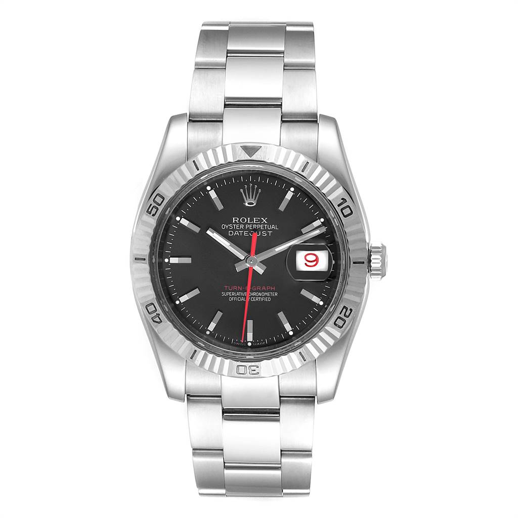 This image shows a front view of a Rolex Turn-o-Graph 116264 Men's Stainless Steel Black Dial 116264 Men's Stainless Steel Black Dial watch, displaying the face, bezel, and metal bracelet.