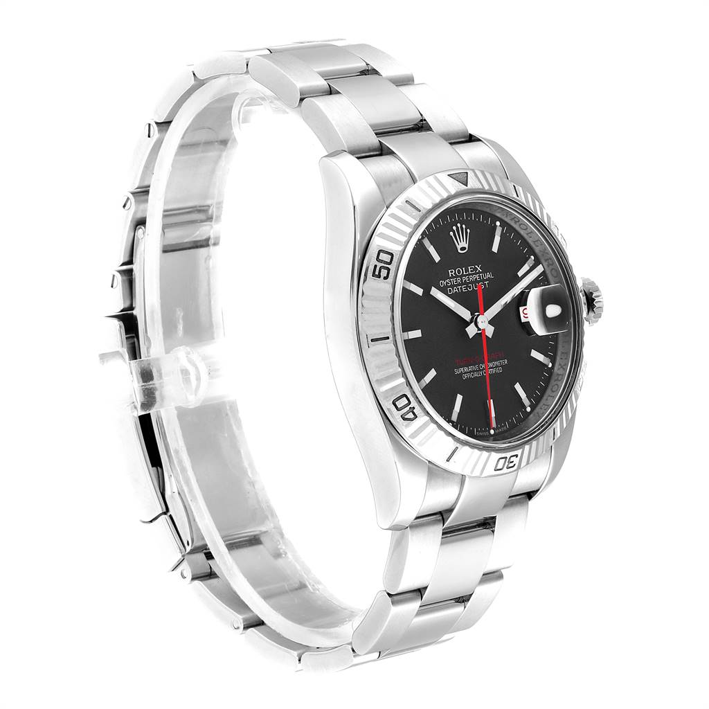 The Rolex Turn-o-Graph 116264 Men's Stainless Steel Black Dial 116264 Men's Stainless Steel Black Dial watch is shown at a three-quarter angle, displaying the bracelet, bezel, case, and dial.