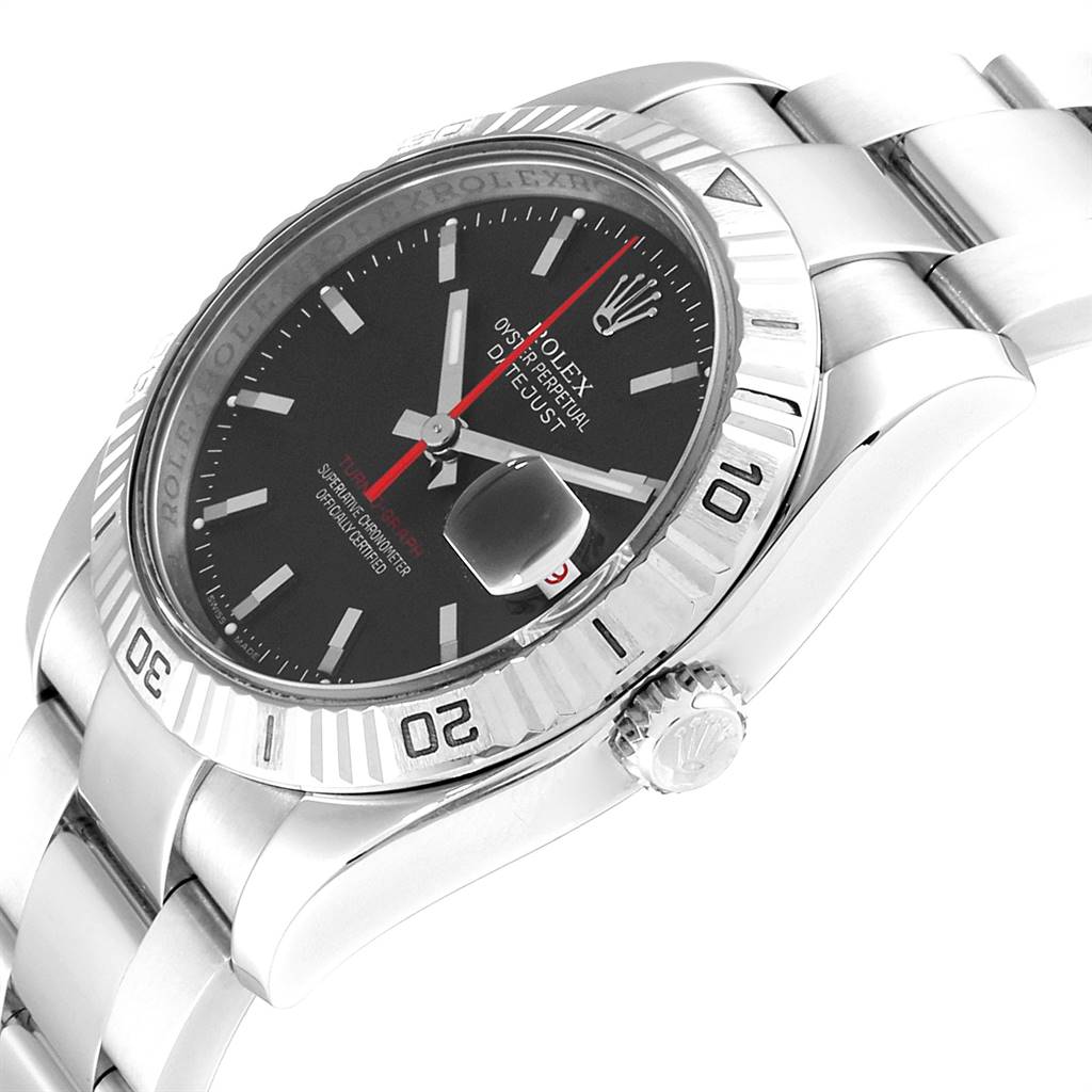 The image shows a Rolex Turn-o-Graph 116264 Men's Stainless Steel Black Dial 116264 Men's Stainless Steel Black Dial watch at an oblique angle, highlighting the bezel, dial, crown, and part of the bracelet.
