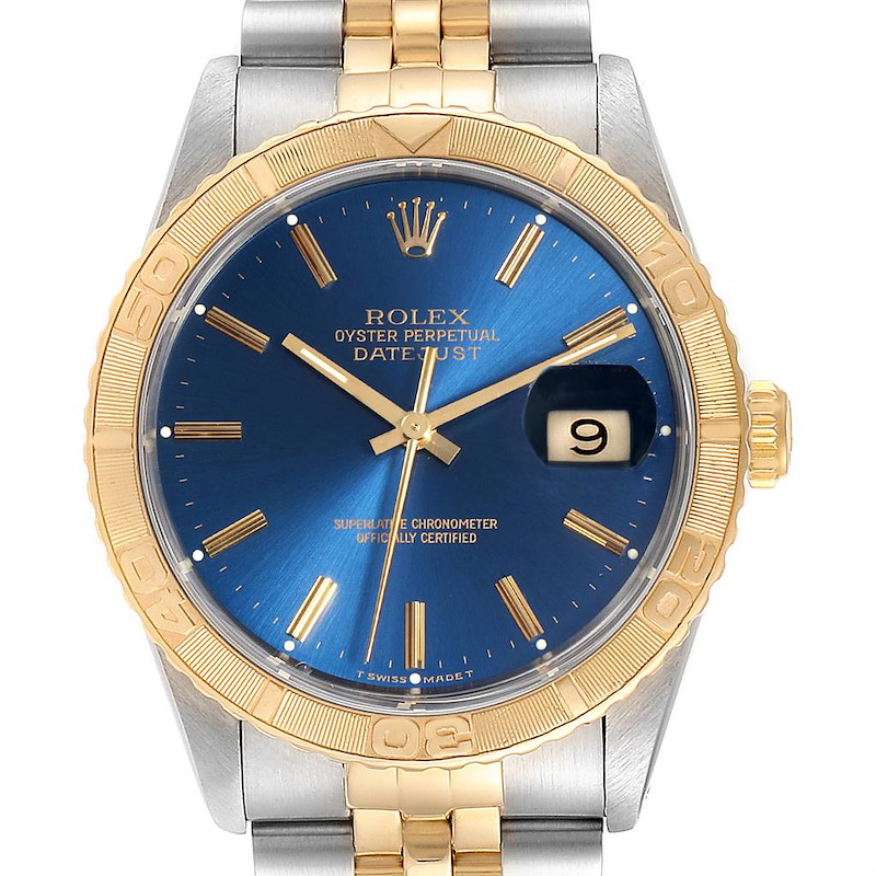 Rolex Datejust Turnograph Blue Dial Steel Yellow Gold Mens Watch 16263 SwissWatchExpo
