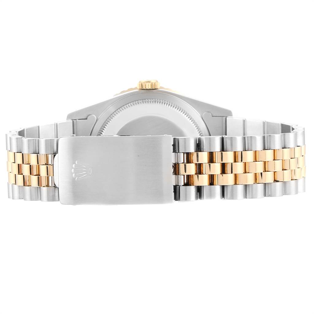 This image shows the back view of the Rolex Turn-o-Graph 16263 Men
s Steel and Gold (two tone) Blue Dial 16263 Men
s Steel and Gold (two tone) Blue Dial watch, highlighting the bracelet clasp and case back.