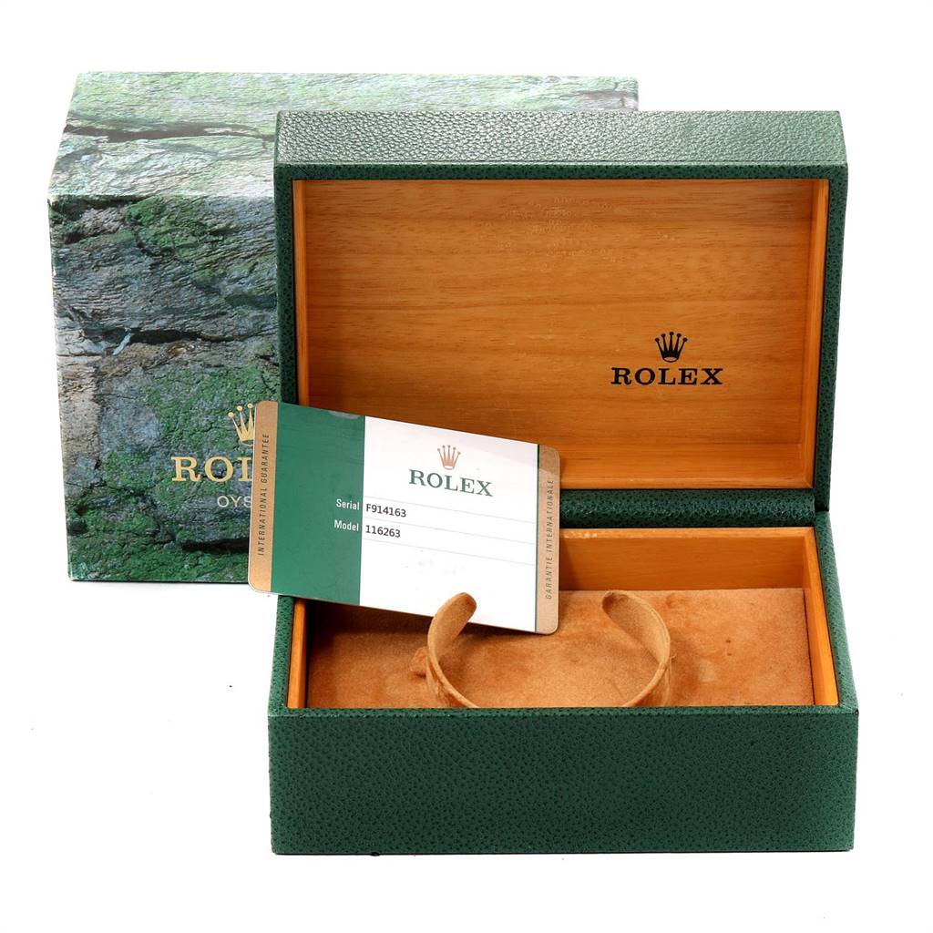 The image shows the open box and Best Quality
ity card for the Rolex Turn-o-Graph 116263 Men
s Stainless Steel Champagne Dial 116263 Men
s Stainless Steel Champagne Dial model, with the watch missing.
