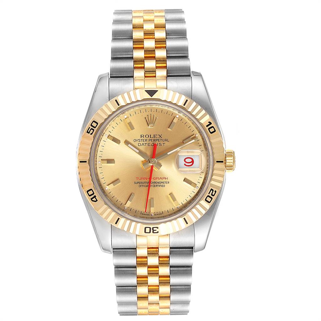 This is a front view of the Rolex Turn-o-Graph 116263 Men
s Stainless Steel Champagne Dial 116263 Men
s Stainless Steel Champagne Dial watch, showing its dial, bezel, and bracelet.
