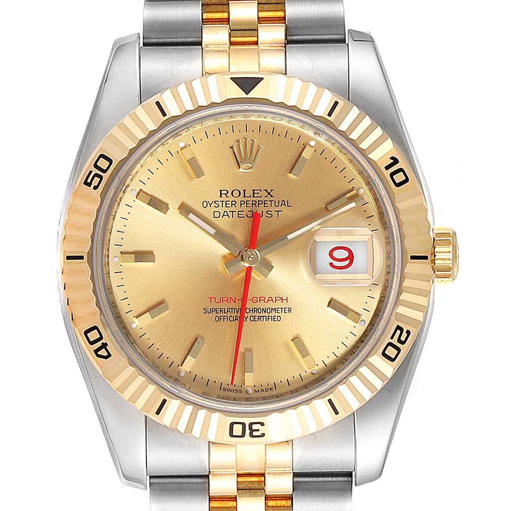 The image shows the face and bezel of the Rolex Turn-o-Graph 116263 Men
s Stainless Steel Champagne Dial 116263 Men
s Stainless Steel Champagne Dial watch, photographed from the front at a straight-on angle.