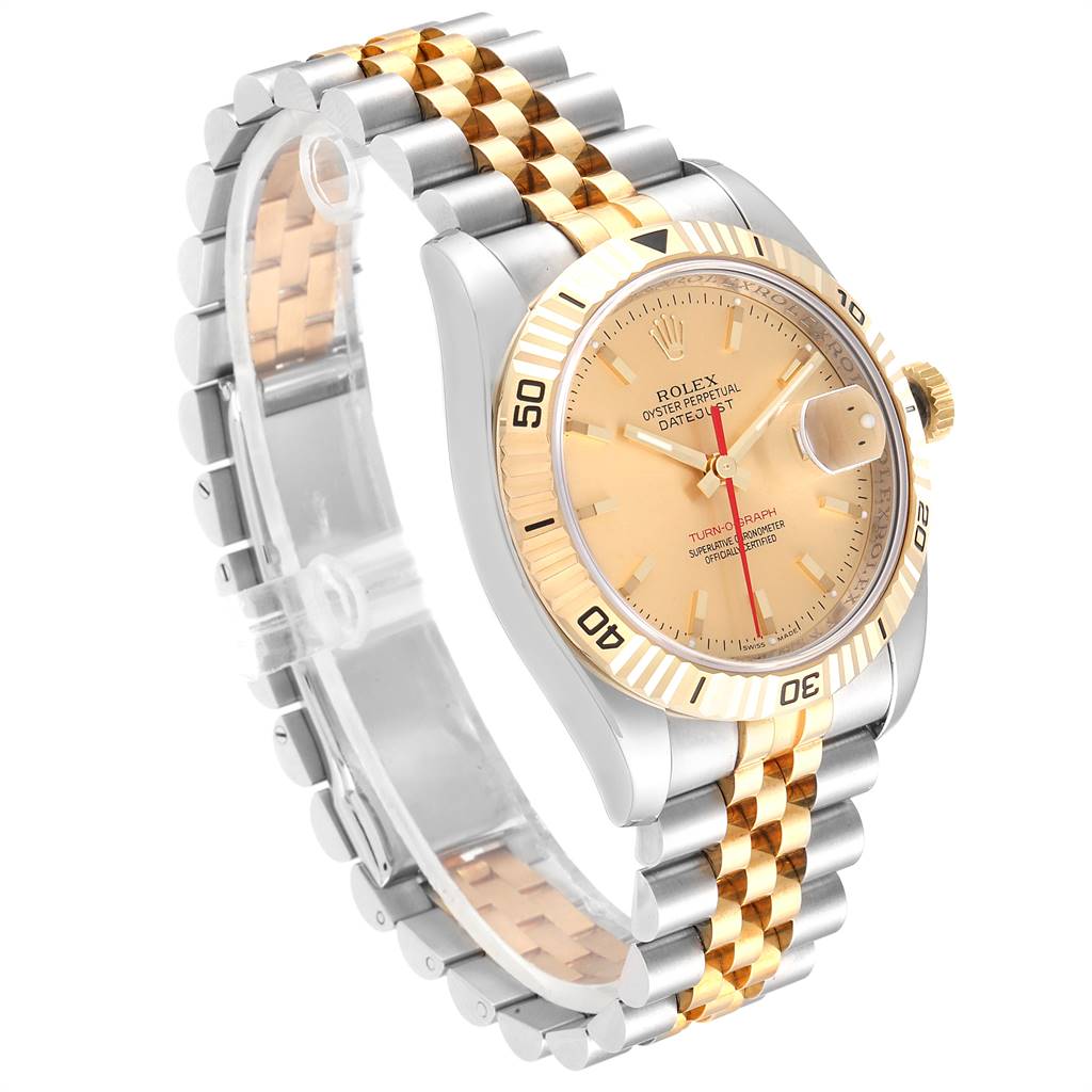 The image shows a Turn-o-Graph model by Rolex from a three-quarter angle, highlighting the face, bezel, and two-tone bracelet.
