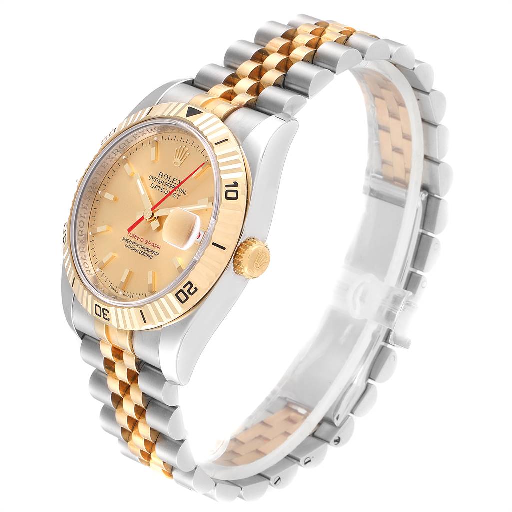 This image shows a Rolex Turn-o-Graph 116263 Men
s Stainless Steel Champagne Dial 116263 Men
s Stainless Steel Champagne Dial watch angled to display the face, bezel, and bracelet.