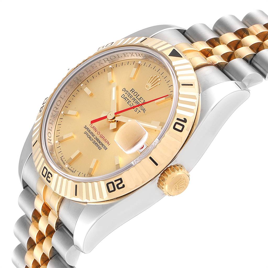 This image shows a side angle of the Rolex Turn-o-Graph 116263 Men
s Stainless Steel Champagne Dial 116263 Men
s Stainless Steel Champagne Dial watch featuring its bezel, crown, and part of its bracelet.