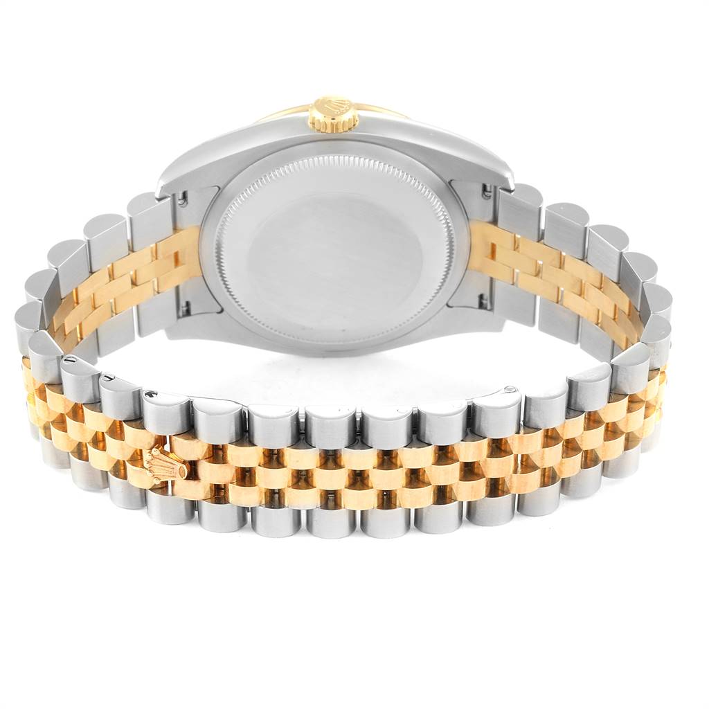 The image shows the back view of a Rolex Turn-o-Graph 116263 Men
s Stainless Steel Champagne Dial 116263 Men
s Stainless Steel Champagne Dial watch, highlighting its two-tone bracelet and case back.