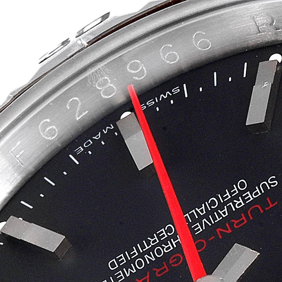 The image shows a close-up of the Rolex Turn-o-Graph 116264 Men
s Stainless Steel Black Dial 116264 Men
s Stainless Steel Black Dial watch face and bezel, highlighting the red second hand, indices, and part of the engraving.