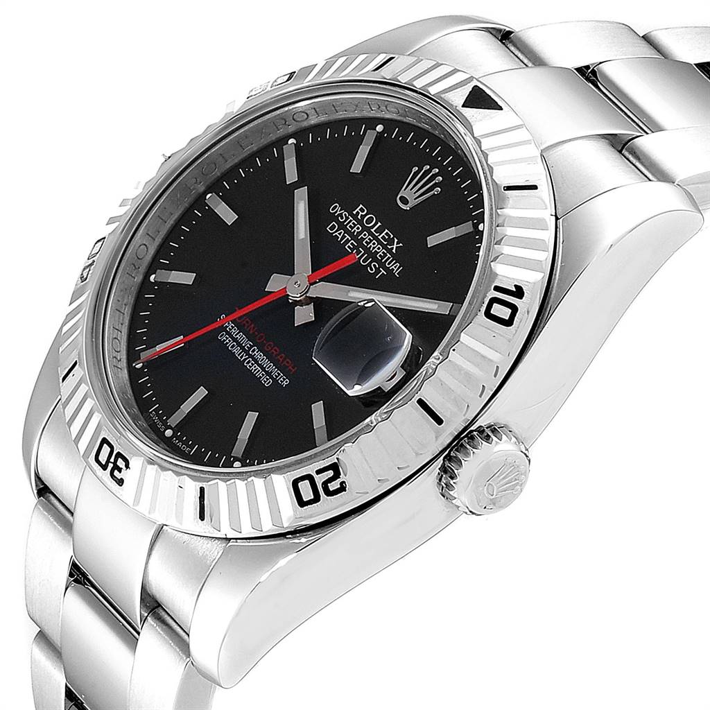 This image shows a Rolex Turn-o-Graph 116264 Men
s Stainless Steel Black Dial 116264 Men
s Stainless Steel Black Dial watch at an angle, highlighting the bezel, dial, crown, and part of the bracelet.