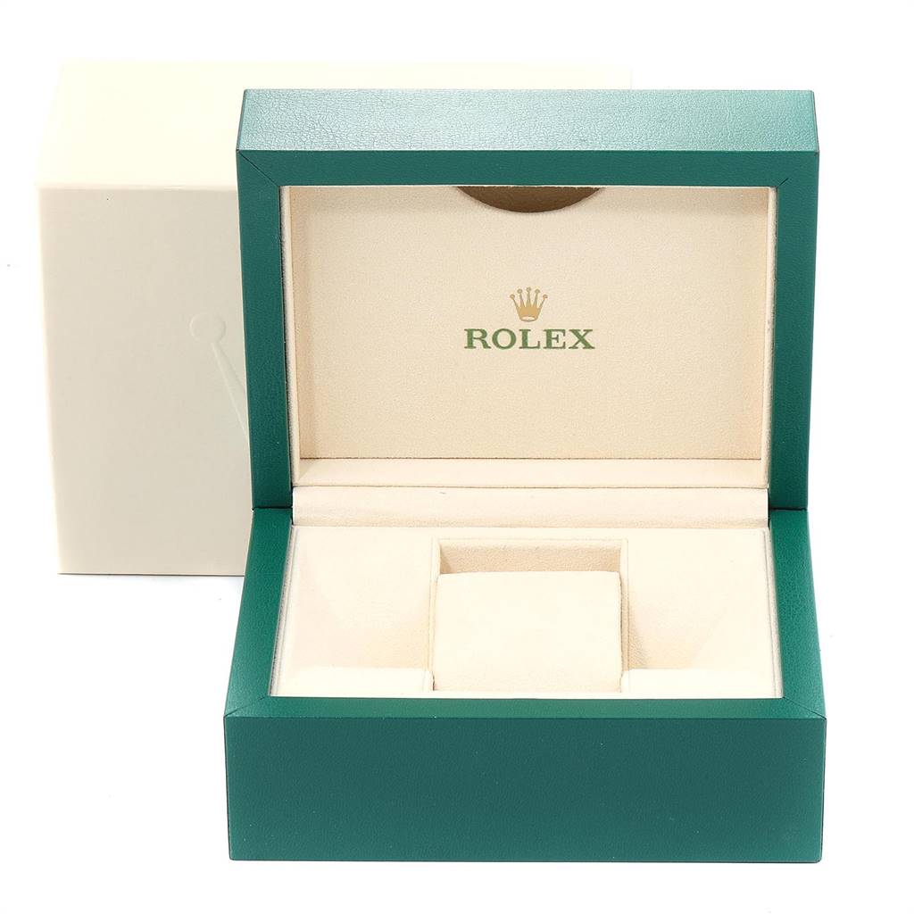 This image shows an open Rolex Turn-o-Graph 116264 Men
s Stainless Steel Black Dial 116264 Men
s Stainless Steel Black Dial watch box, featuring a green exterior and cream-colored interior with the Rolex logo.