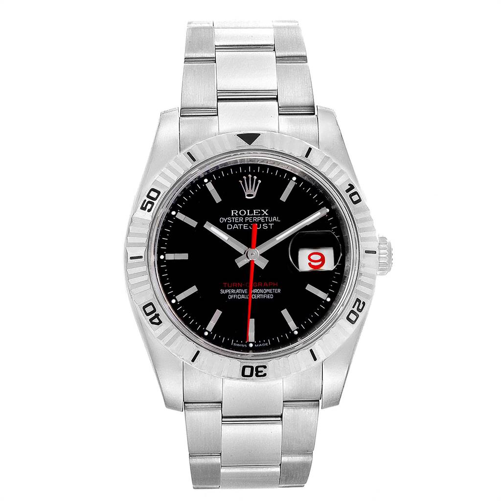 The image shows the front view of the Rolex Turn-o-Graph 116264 Men
s Stainless Steel Black Dial 116264 Men
s Stainless Steel Black Dial watch including the dial, bezel, and bracelet.