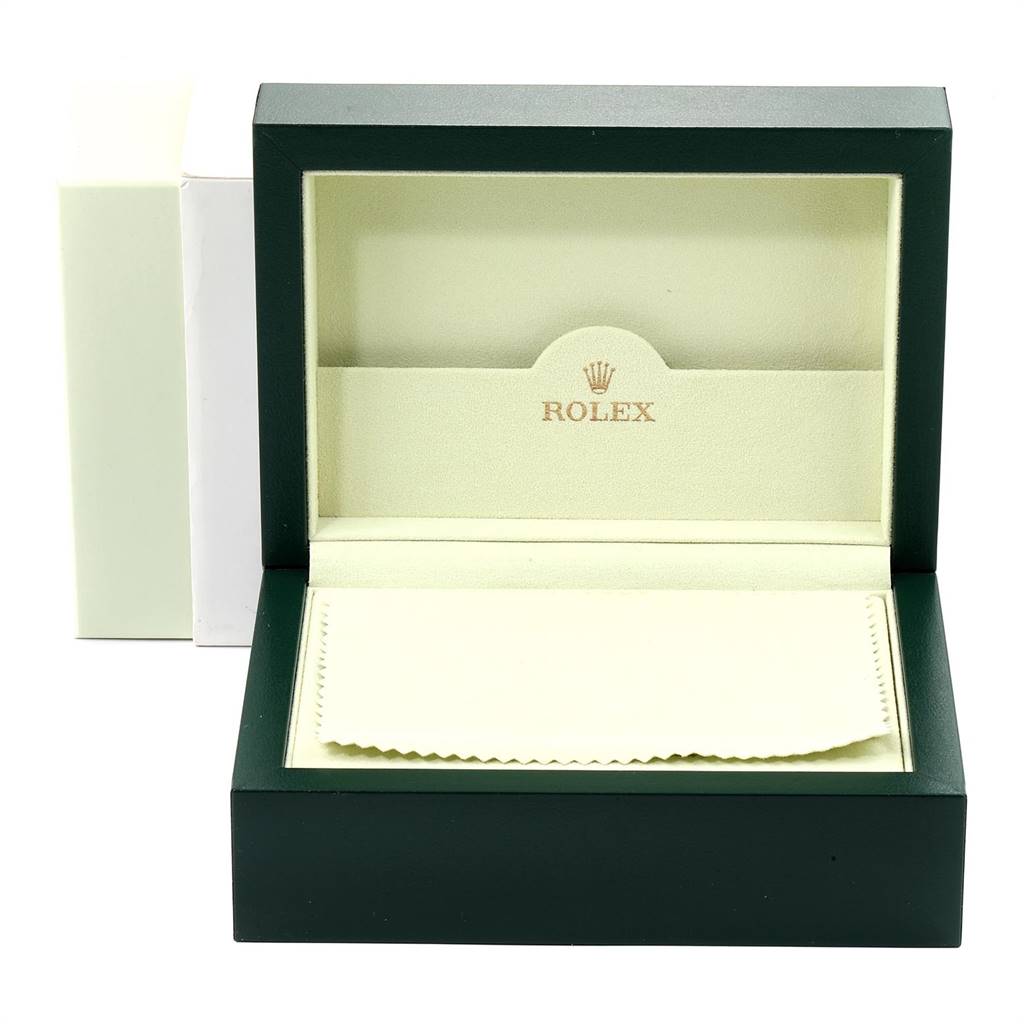 The image shows an open Rolex Turn-o-Graph 116264 Men
s Stainless Steel White Dial 116264 Men
s Stainless Steel White Dial watch box and a cleaning cloth.