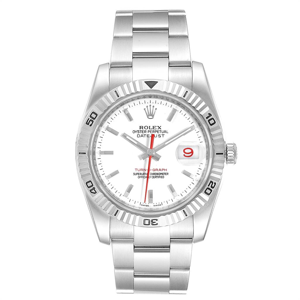 The image shows a front view of a Rolex Turn-o-Graph 116264 Men
s Stainless Steel White Dial 116264 Men
s Stainless Steel White Dial watch, displaying the dial, bezel, crown, and bracelet.