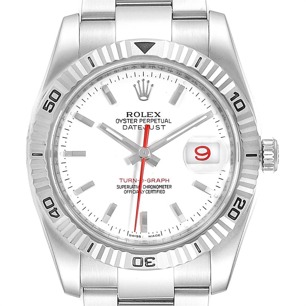 The image shows a front view of a Rolex Turn-o-Graph 116264 Men
s Stainless Steel White Dial 116264 Men
s Stainless Steel White Dial model watch, highlighting the face, bezel, and part of the bracelet.
