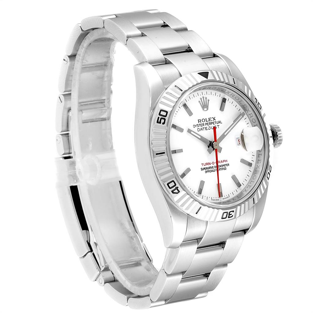 This Rolex Turn-o-Graph 116264 Men
s Stainless Steel White Dial 116264 Men
s Stainless Steel White Dial watch is shown at a three-quarter angle, displaying the full face, bezel, crown, and bracelet.