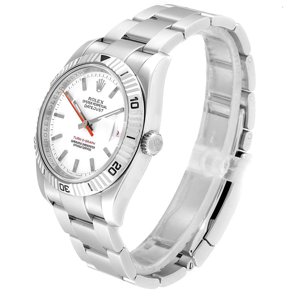 This image shows a Rolex Turn-o-Graph 116264 Men
s Stainless Steel White Dial 116264 Men
s Stainless Steel White Dial watch at a three-quarter angle, highlighting its face, bezel, crown, and bracelet.