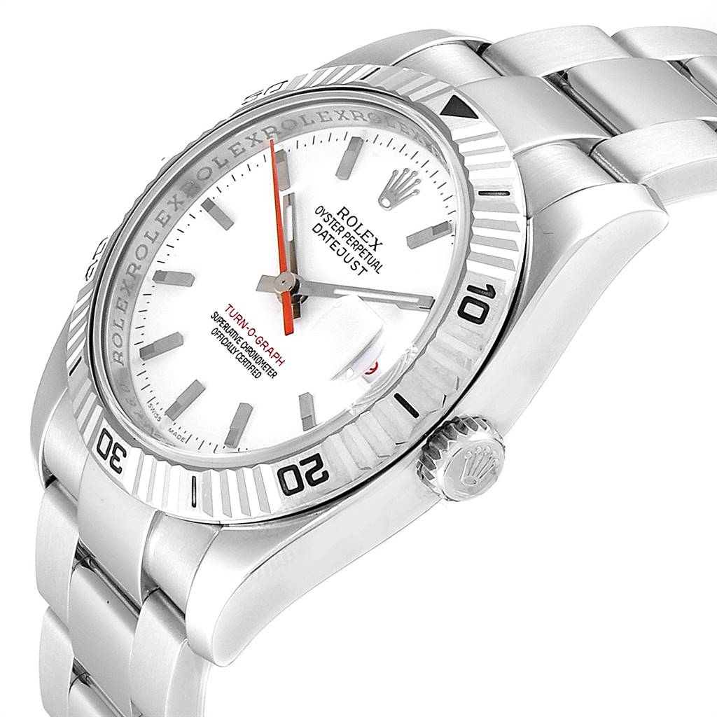 The image shows a Rolex Turn-o-Graph 116264 Men
s Stainless Steel White Dial 116264 Men
s Stainless Steel White Dial watch at an angled view, highlighting the bezel, crown, dial, and bracelet.