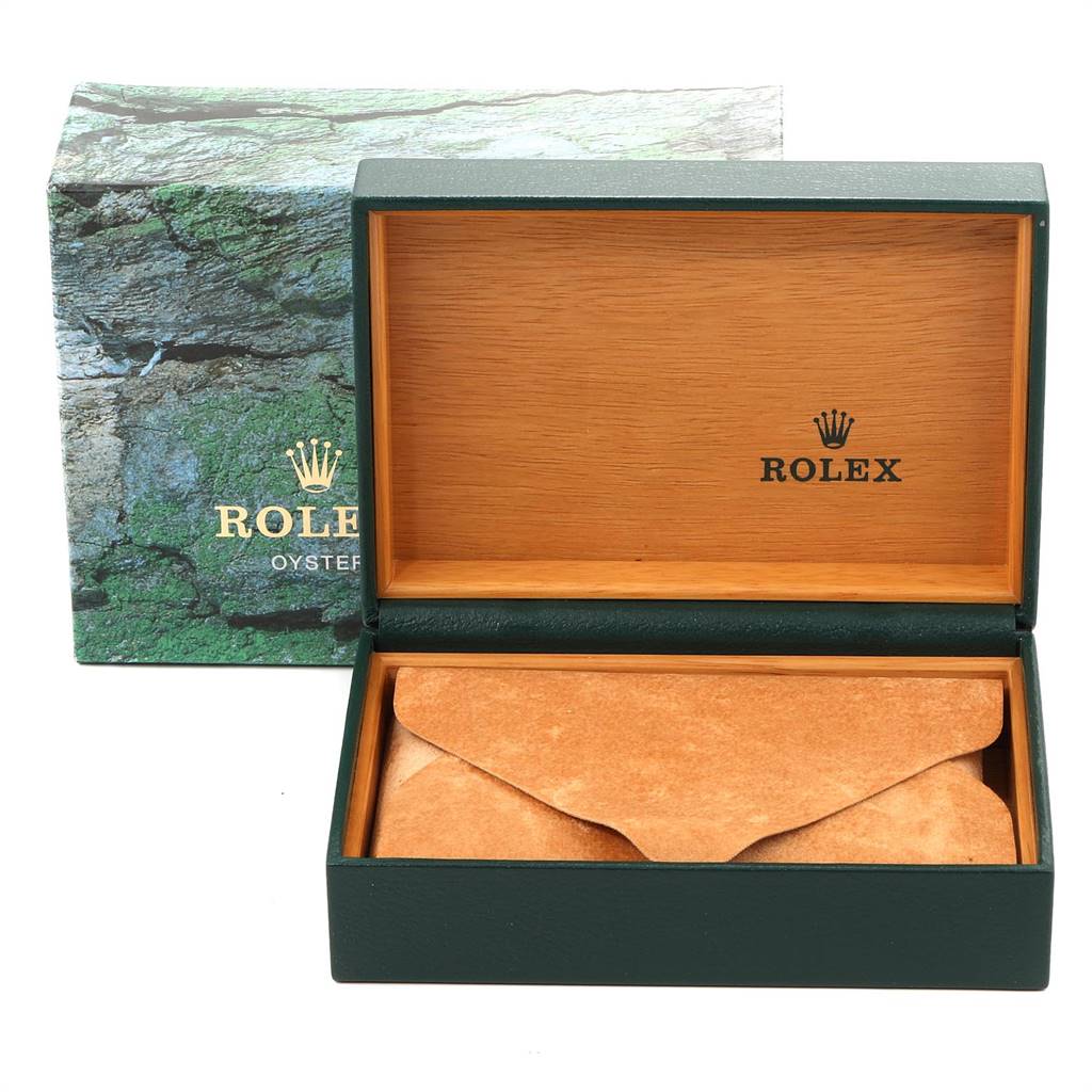 The image shows an open box and pouch for the Rolex Turn-o-Graph 16264 Men
s Stainless Steel Black Dial 16264 Men
s Stainless Steel Black Dial model, viewed from the front.