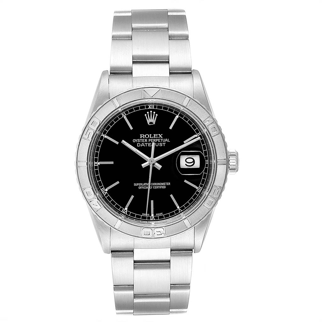 The image shows a front view of a Rolex Turn-o-Graph 16264 Men
s Stainless Steel Black Dial 16264 Men
s Stainless Steel Black Dial watch, displaying the face, bezel, and part of the bracelet.