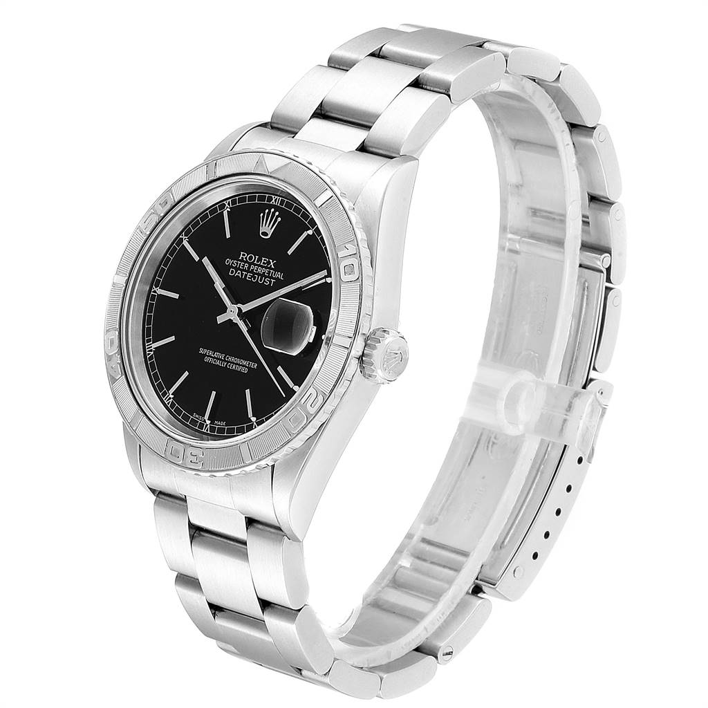 The image shows a side and front angled view of the Rolex Turn-o-Graph 16264 Men
s Stainless Steel Black Dial 16264 Men
s Stainless Steel Black Dial watch, highlighting the dial, bezel, and bracelet.