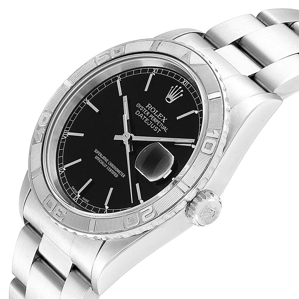 The image shows a Rolex Turn-o-Graph 16264 Men
s Stainless Steel Black Dial 16264 Men
s Stainless Steel Black Dial watch from an angled side view, highlighting the dial, bezel, and part of the bracelet.