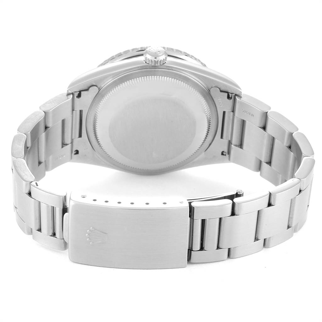 This image shows the back case and bracelet clasp of a Rolex Turn-o-Graph 16264 Men
s Stainless Steel Black Dial 16264 Men
s Stainless Steel Black Dial watch from a straight-on angle.