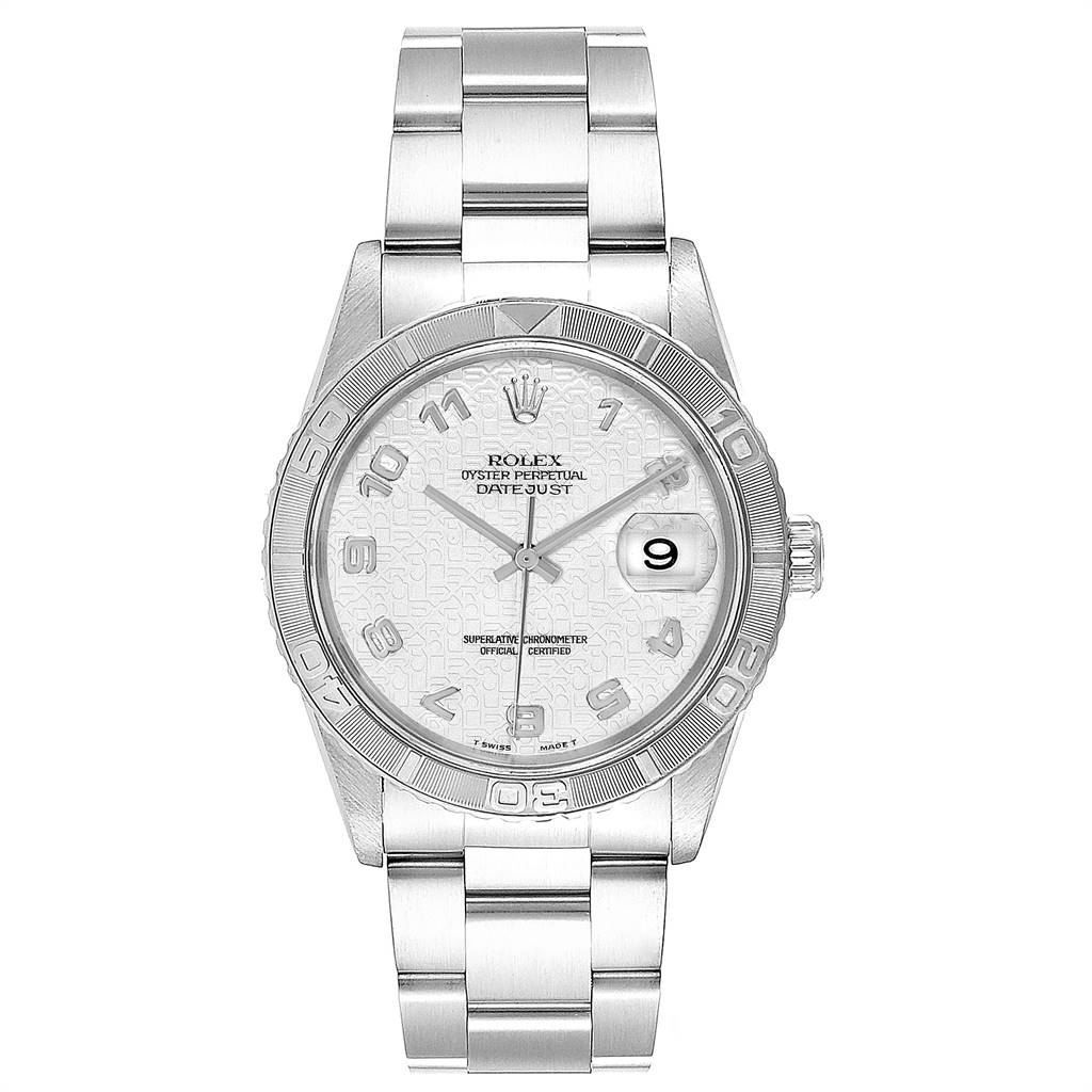 The image shows a front view of the Rolex Turn-o-Graph 16264 Men's Stainless Steel Beige Dial 16264 Men's Stainless Steel Beige Dial watch, highlighting the dial, bezel, bracelet, and date window.