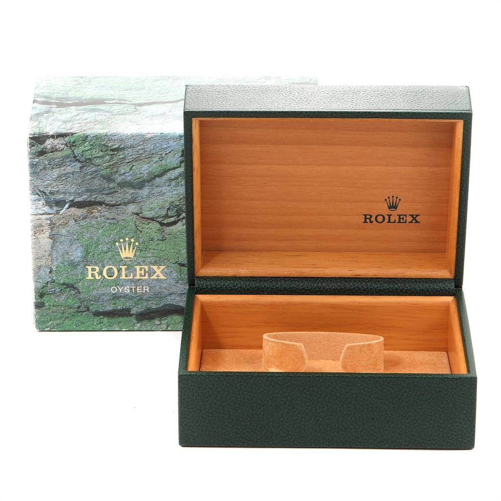 The image shows an open Rolex Turn-o-Graph 16264 Men's Stainless Steel Beige Dial 16264 Men's Stainless Steel Beige Dial watch box with a green outer box and a wooden interior.