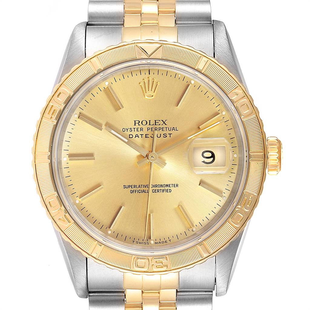 This image shows a front view of the Rolex Turn-o-Graph 16263 Men
s Steel and Gold (two tone) Champagne Dial 16263 Men
s Steel and Gold (two tone) Champagne Dial watch, highlighting its gold bezel, dial, and bracelet.
