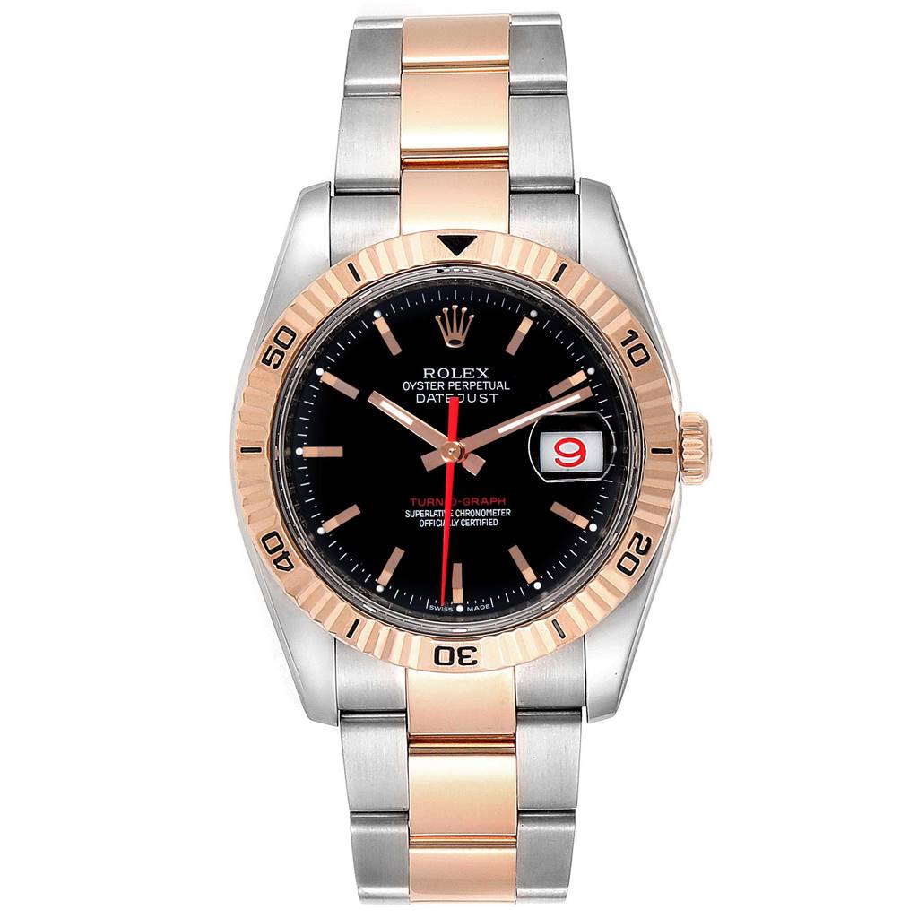 This image shows a front view of the Rolex Turn-o-Graph 116261 Men
s Steel and Gold (two tone) Black Dial 116261 Men
s Steel and Gold (two tone) Black Dial watch, displaying its face, bezel, and bracelet.