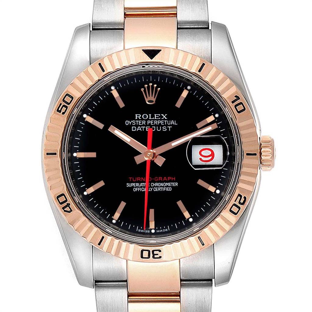 The image shows a front view of a Rolex Turn-o-Graph 116261 Men
s Steel and Gold (two tone) Black Dial 116261 Men
s Steel and Gold (two tone) Black Dial watch, highlighting the bezel, dial, hands, and date window.
