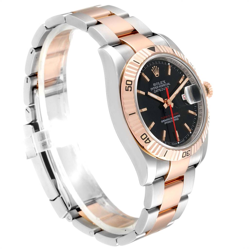 The image shows a Rolex Turn-o-Graph 116261 Men
s Steel and Gold (two tone) Black Dial 116261 Men
s Steel and Gold (two tone) Black Dial watch at a 3/4 angle, focusing on the face, bezel, and bracelet.