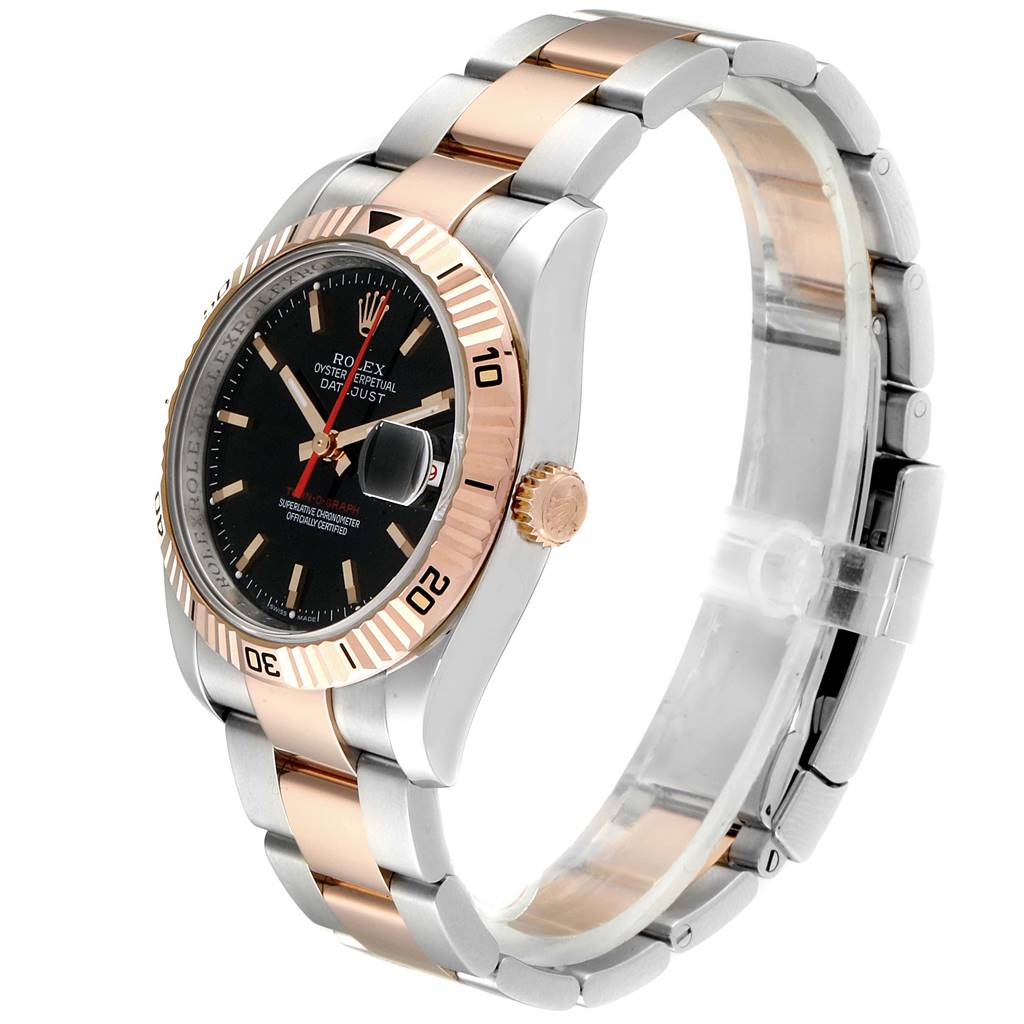 The Rolex Turn-o-Graph 116261 Men
s Steel and Gold (two tone) Black Dial 116261 Men
s Steel and Gold (two tone) Black Dial watch is shown from a side angle, highlighting the bezel, dial, and bracelet.