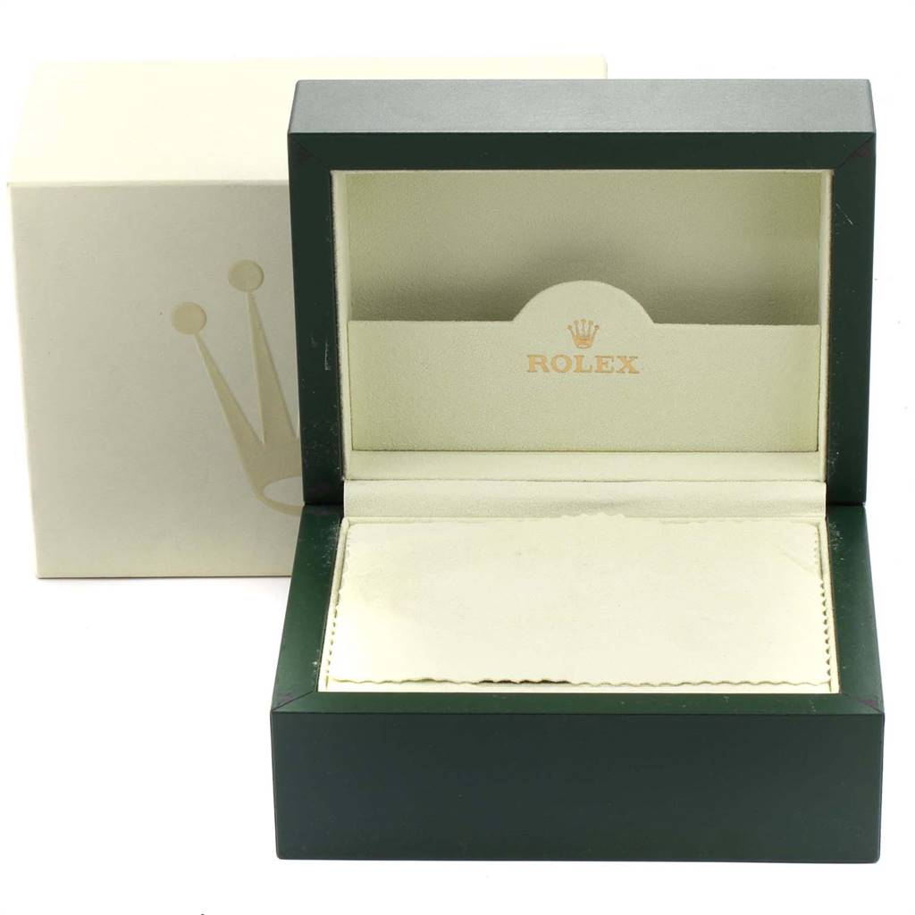 The image shows the open box and packaging for a Rolex Turn-o-Graph 116261 Men
s Steel and Gold (two tone) Black Dial 116261 Men
s Steel and Gold (two tone) Black Dial watch.